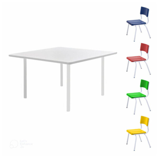 Conjunto Quadrado c/ 04 Cadeiras COLORIDO – TAMPO BRANCO – 02 a 06 Anos – INFANTIL 