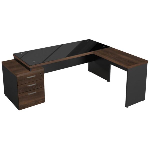 MESA DIRETORIA VIDRO FUMÊ COM  MESA AUXILIAR – 1,92×1,60m MARSALA / PRETO