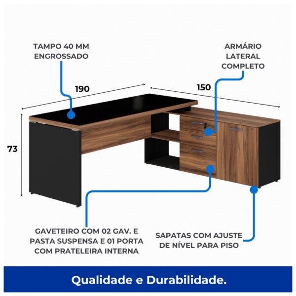 Mesa Diretor c/ vidro c/ Aparador – 1,90×1,50m  NOGAL SEVILHA / PRETO - Image 2